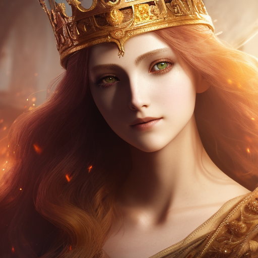 a close up of a woman with a crown on her head, elden ring style, smiling, fire hair, cgsociety contest winner, fantasy ar...